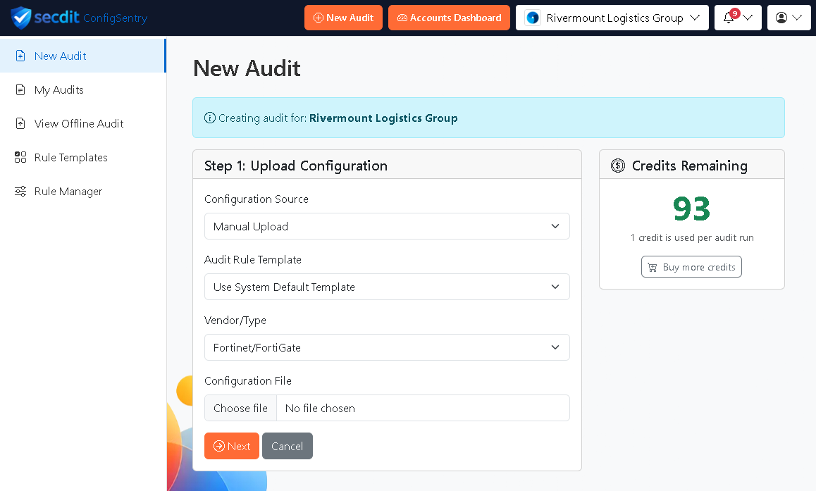 Screenshot from the ConfigSentry new audit page, where a configuration can be uploaded.