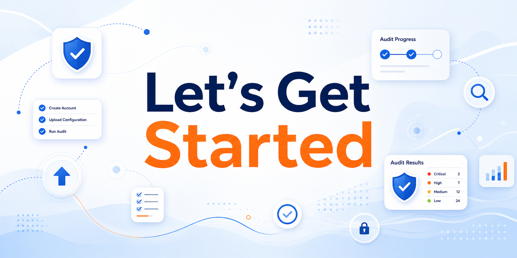 Illustration reading Let's Get Started with security audit, upload, progress, and results panels